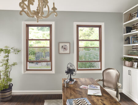 double hung wood window in office