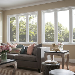 six windows located in living room overlooking trees